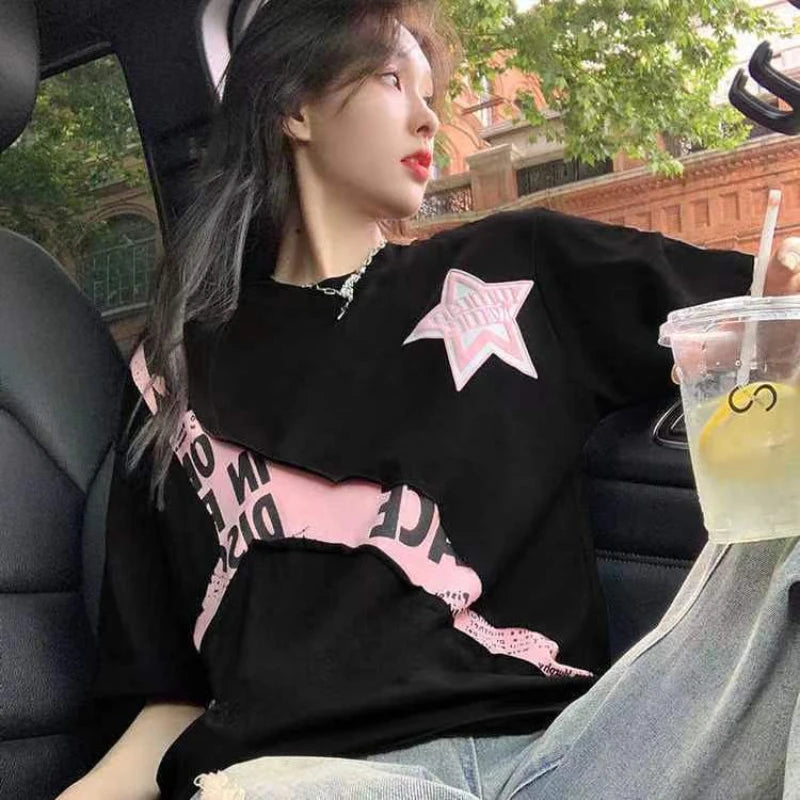 TAMBREET American Personality Star Irregular Splicing T-shirt Street Fashion Brand Loose Casual Couple Y2k Pure Cotton Plus Size Top