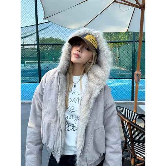 TAMBREET American Retro Fur Collar Hooded Jacket Women Y2K Streetwear Winter New Velvet Thickened Warm Harajuku Loose Casual Jacket