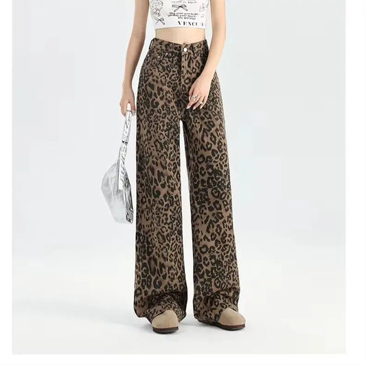 TAMBREET American Retro Loose Wide Leg Pants For Women Overalls Leopard Print High Street Casual Y2k Hip-hop Cargo Grunge Baggy Trousers