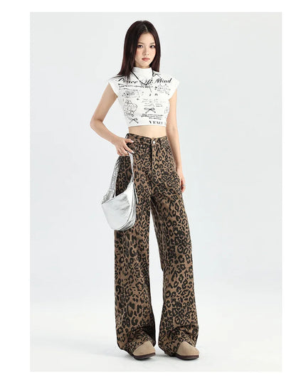 TAMBREET American Retro Loose Wide Leg Pants For Women Overalls Leopard Print High Street Casual Y2k Hip-hop Cargo Grunge Baggy Trousers