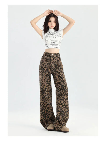 TAMBREET American Retro Loose Wide Leg Pants For Women Overalls Leopard Print High Street Casual Y2k Hip-hop Cargo Grunge Baggy Trousers