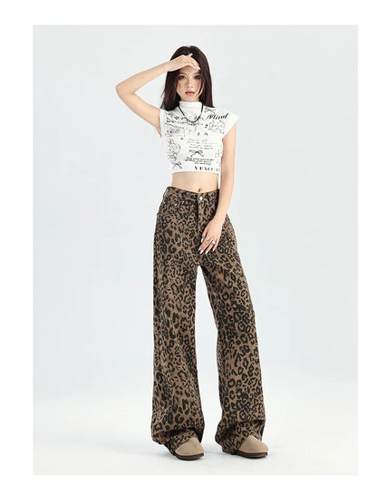 TAMBREET American Retro Loose Wide Leg Pants For Women Overalls Leopard Print High Street Casual Y2k Hip-hop Cargo Grunge Baggy Trousers