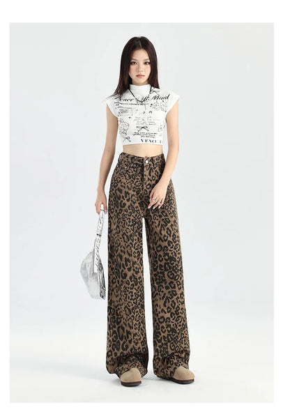 TAMBREET American Retro Loose Wide Leg Pants For Women Overalls Leopard Print High Street Casual Y2k Hip-hop Cargo Grunge Baggy Trousers