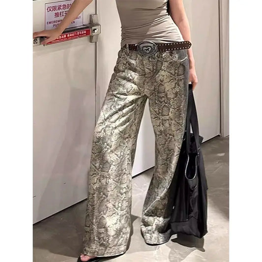 TAMBREET American Retro Snake Print Wide Leg Jeans Women Y2K Streetwear Hip Hop Loose Wash Fashion Street High Waist Straight Jeans