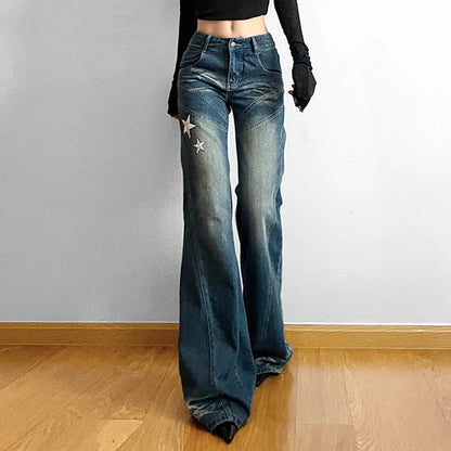 TAMBREET American Retro Women's Embroidered Star Street Y2K Jeans Wide Leg Loose Stripe All-match Mopping Pants Fashion Street Clothing