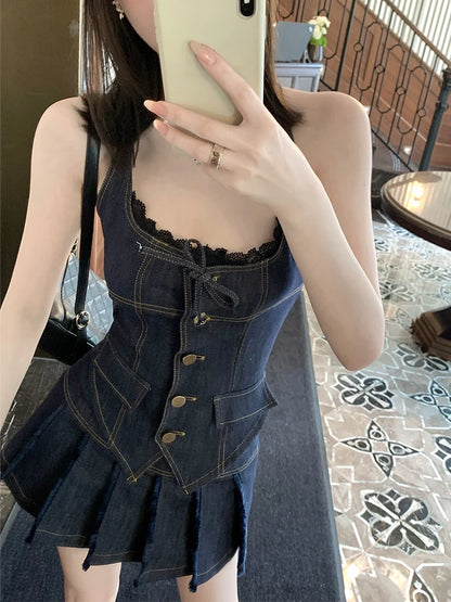 TAMBREET American Style Outfits 2 Piece Skirt Set Korean Single Breasted Denim Halter Tops + Women Fashion Sexy Pleated Skirt Hot Girls