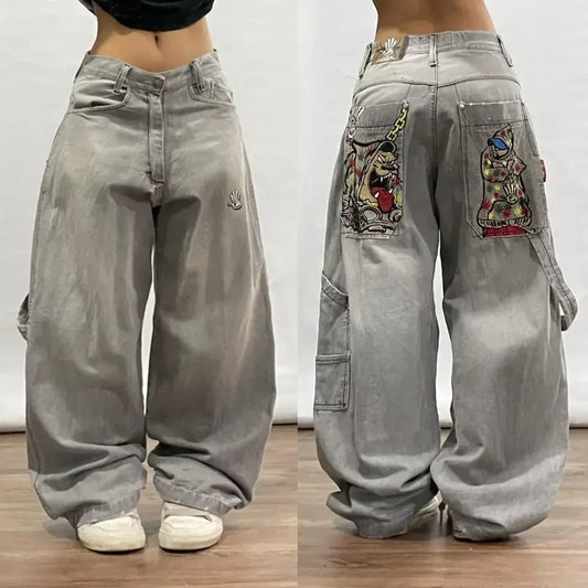 TAMBREET American Vintage Gothic Print Jeans Women Y2K New Street Hip Hop Low Waist Mopping Wide Leg Pants Harajuku Casual Loose Trousers