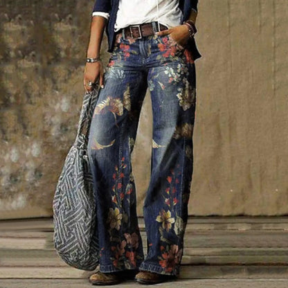 TAMBREET American Wash Old Big Print Micro Flare Jeans Female Retro Loose Straight Pants High Waist Draped Casual Denim Trousers