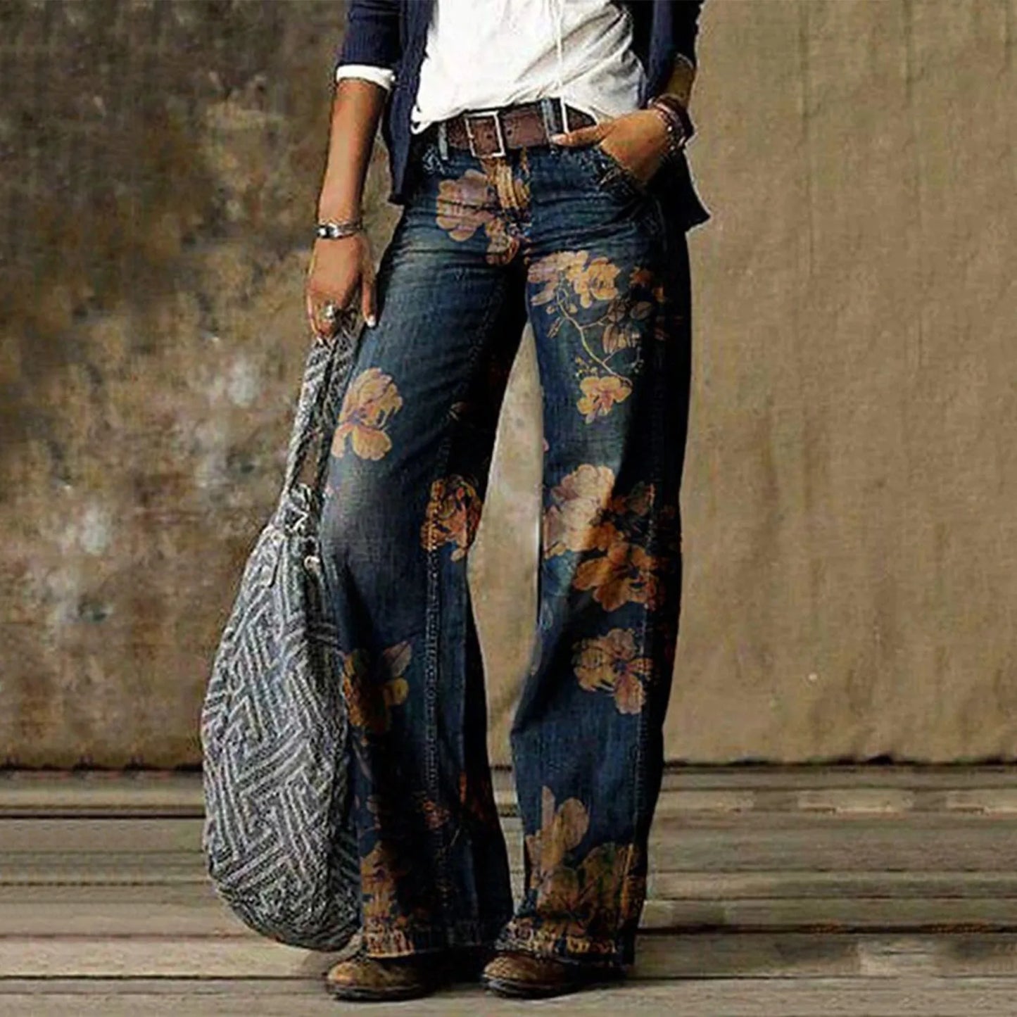 TAMBREET American Wash Old Big Print Micro Flare Jeans Female Retro Loose Straight Pants High Waist Draped Casual Denim Trousers