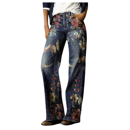 TAMBREET American Wash Old Big Print Micro Flare Jeans Female Retro Loose Straight Pants High Waist Draped Casual Denim Trousers