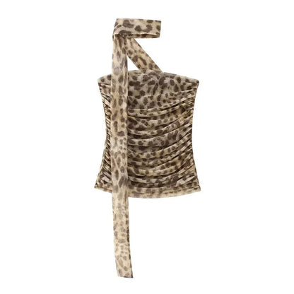 TAMBREET Aoaiiys Leopard Print Crop Top Women Tulle Tops Y2k Ruched Tops Sexy Backless Sleeveless Summer Pleated Beach Halter Top 2024