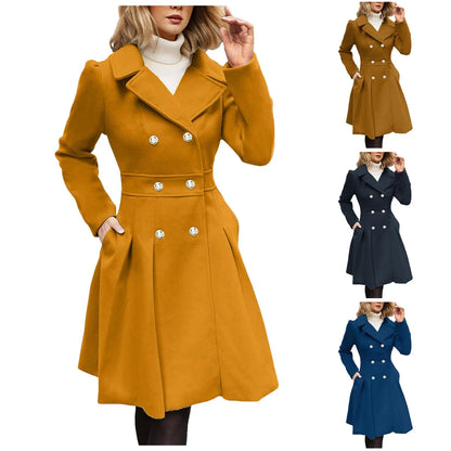 TAMBREET Autumn England Style Women Elegant Windbreaker Double Breasted Lapel Peacoat Thickened Puff Sleeves Overcoat A-Line Pleated Coat