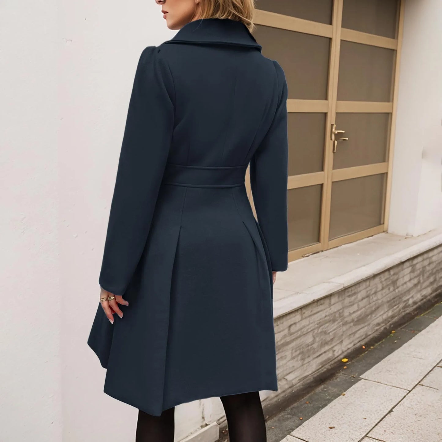 TAMBREET Autumn England Style Women Elegant Windbreaker Double Breasted Lapel Peacoat Thickened Puff Sleeves Overcoat A-Line Pleated Coat