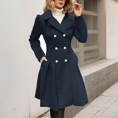 TAMBREET Autumn England Style Women Elegant Windbreaker Double Breasted Lapel Peacoat Thickened Puff Sleeves Overcoat A-Line Pleated Coat