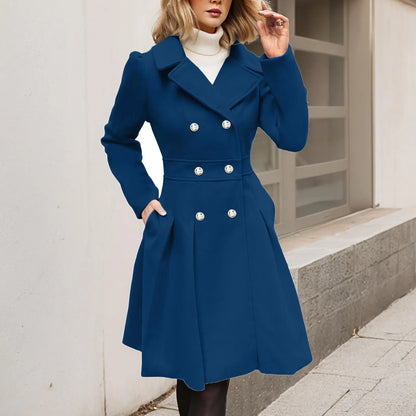 TAMBREET Autumn England Style Women Elegant Windbreaker Double Breasted Lapel Peacoat Thickened Puff Sleeves Overcoat A-Line Pleated Coat