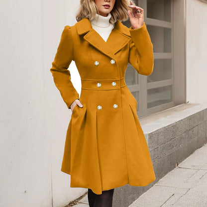 TAMBREET Autumn England Style Women Elegant Windbreaker Double Breasted Lapel Peacoat Thickened Puff Sleeves Overcoat A-Line Pleated Coat