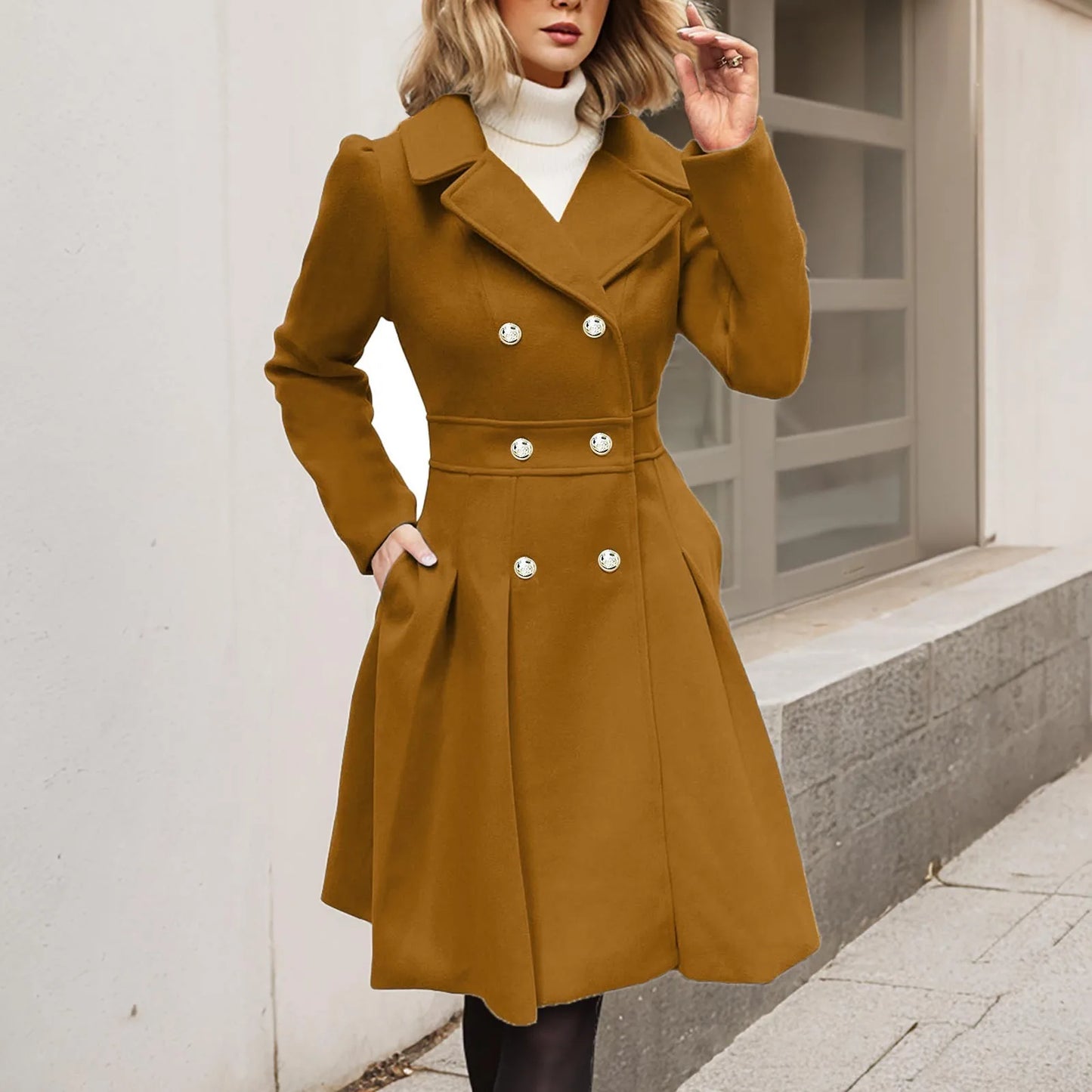 TAMBREET Autumn England Style Women Elegant Windbreaker Double Breasted Lapel Peacoat Thickened Puff Sleeves Overcoat A-Line Pleated Coat