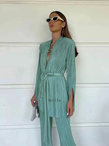 TAMBREET Autumn Green Pleated Pants Set Bodycon Slit Trosuer Suits Fashion Lace-Up Long Sleeve Blazer 2 Piece Sets Womens Outfits