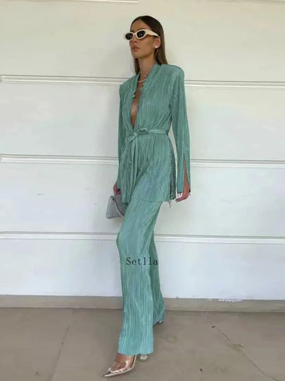 TAMBREET Autumn Green Pleated Pants Set Bodycon Slit Trosuer Suits Fashion Lace-Up Long Sleeve Blazer 2 Piece Sets Womens Outfits