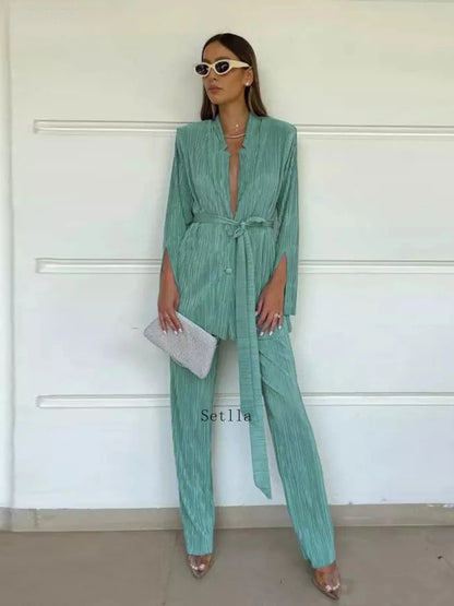 TAMBREET Autumn Green Pleated Pants Set Bodycon Slit Trosuer Suits Fashion Lace-Up Long Sleeve Blazer 2 Piece Sets Womens Outfits