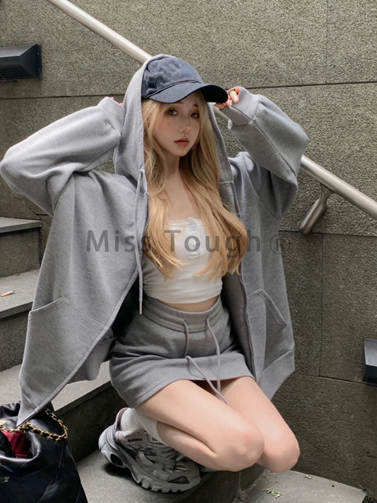 TAMBREET Autumn Korean Fashion Y2k Two Piece Set Women Sportwear Elegant Tracksuist Female Hooded Sweatshirt＋Sweet Skirt Set 2024 New