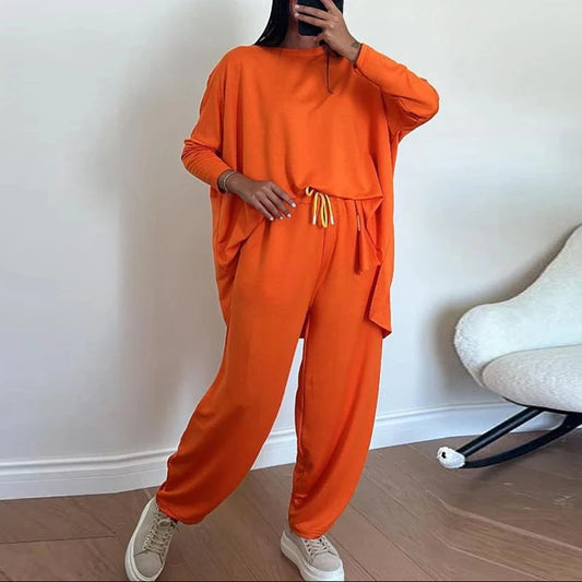 TAMBREET Autumn Long Sleeve Loose Leisure Suit Woman Fashion Round Neck Top Pullover & Long Pants Outfit Spring Solid Color Two Piece Set