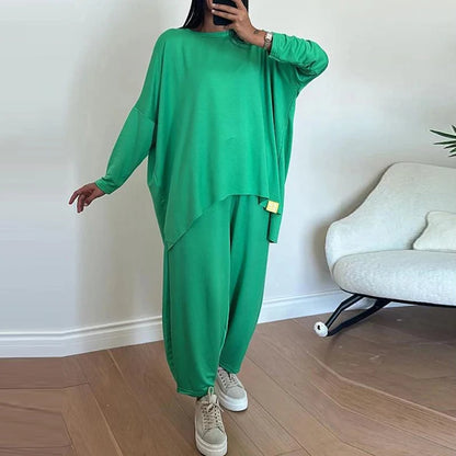 TAMBREET Autumn Long Sleeve Loose Leisure Suit Woman Fashion Round Neck Top Pullover & Long Pants Outfit Spring Solid Color Two Piece Set