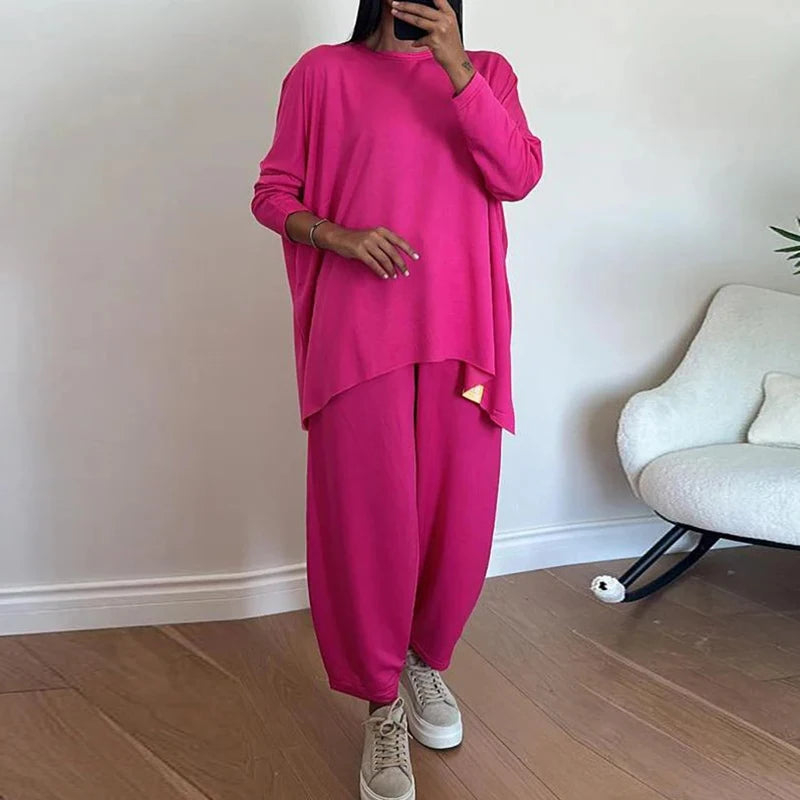 TAMBREET Autumn Long Sleeve Loose Leisure Suit Woman Fashion Round Neck Top Pullover & Long Pants Outfit Spring Solid Color Two Piece Set