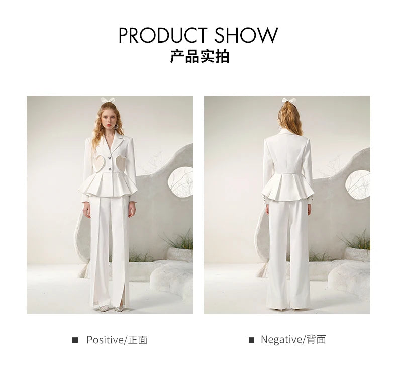 TAMBREET Autumn New Design Commuter Love Pocket Suit Split Wide Leg Trousers Outfits White Business Temperament Women Two Pieces Sets