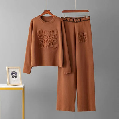 TAMBREET Autumn New Fashionable Embossed Pattern Pullover Round Neck Wide Leg Pants Two-piece Set Women's Versatile Solid Color Set Pant