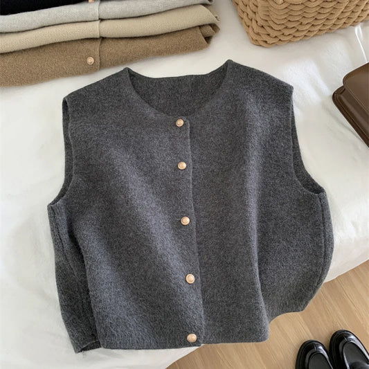 TAMBREET Autumn New Women Cardigan Korean Elegant Knitted Sleeveless Female Casual Sweater Tanks Fashion New Slim Ladies Casual Tops