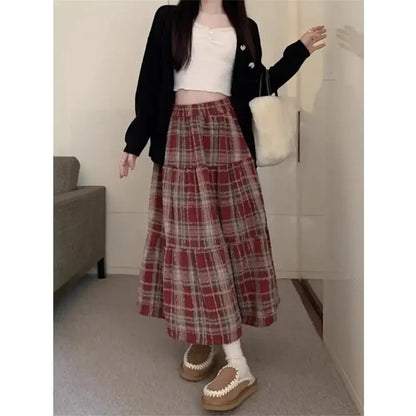 TAMBREET Autumn/Winter 2024 High-Waisted Plaid Thickened Woolen Dress Casual Slimming Christmas Red Long Skirt For Women