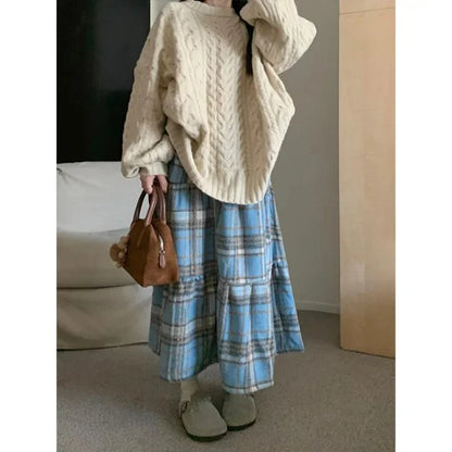 TAMBREET Autumn/Winter 2024 High-Waisted Plaid Thickened Woolen Dress Casual Slimming Christmas Red Long Skirt For Women