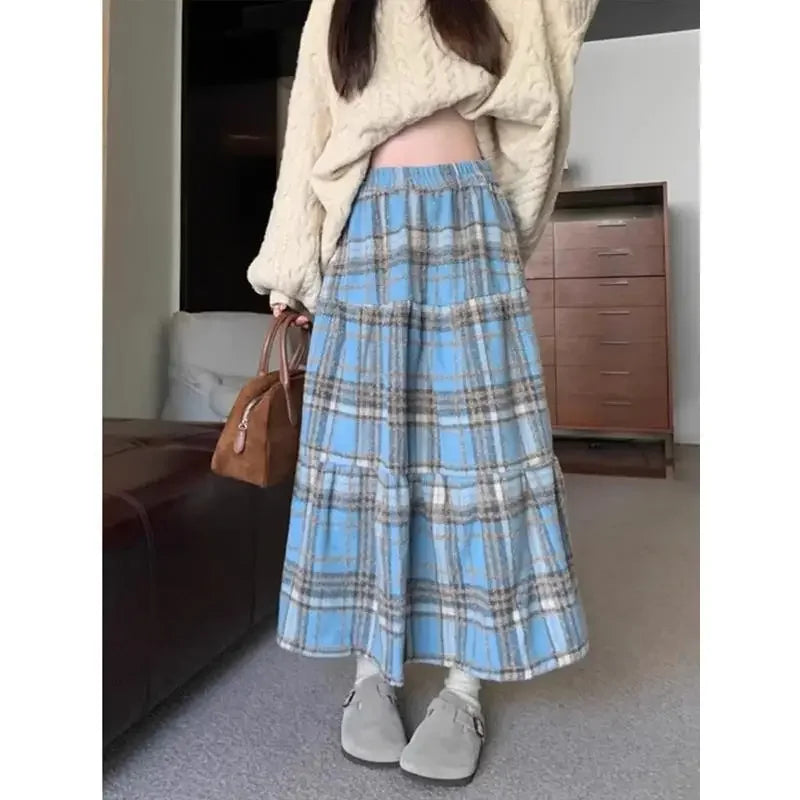 TAMBREET Autumn/Winter 2024 High-Waisted Plaid Thickened Woolen Dress Casual Slimming Christmas Red Long Skirt For Women