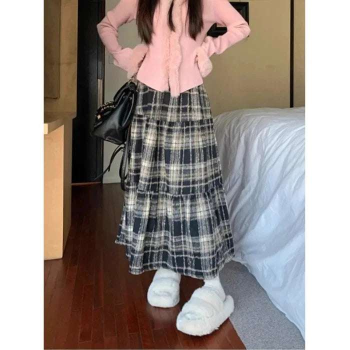 TAMBREET Autumn/Winter 2024 High-Waisted Plaid Thickened Woolen Dress Casual Slimming Christmas Red Long Skirt For Women