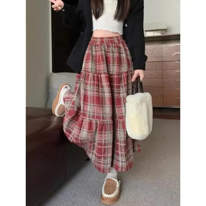 TAMBREET Autumn/Winter 2024 High-Waisted Plaid Thickened Woolen Dress Casual Slimming Christmas Red Long Skirt For Women