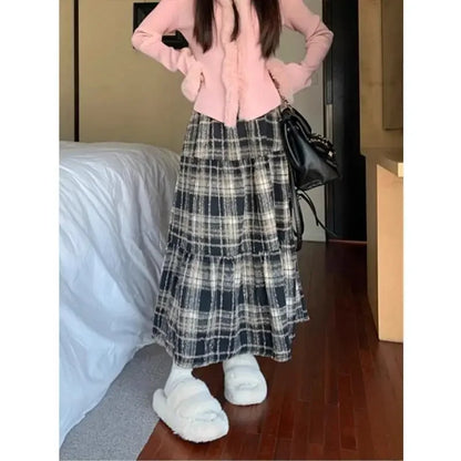 TAMBREET Autumn/Winter 2024 High-Waisted Plaid Thickened Woolen Dress Casual Slimming Christmas Red Long Skirt For Women