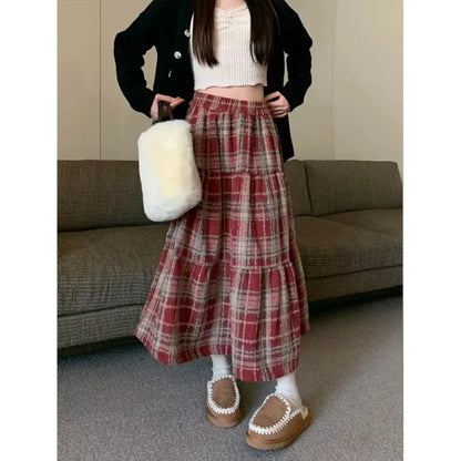 TAMBREET Autumn/Winter 2024 High-Waisted Plaid Thickened Woolen Dress Casual Slimming Christmas Red Long Skirt For Women