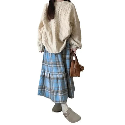 TAMBREET Autumn/Winter 2024 High-Waisted Plaid Thickened Woolen Dress Casual Slimming Christmas Red Long Skirt For Women