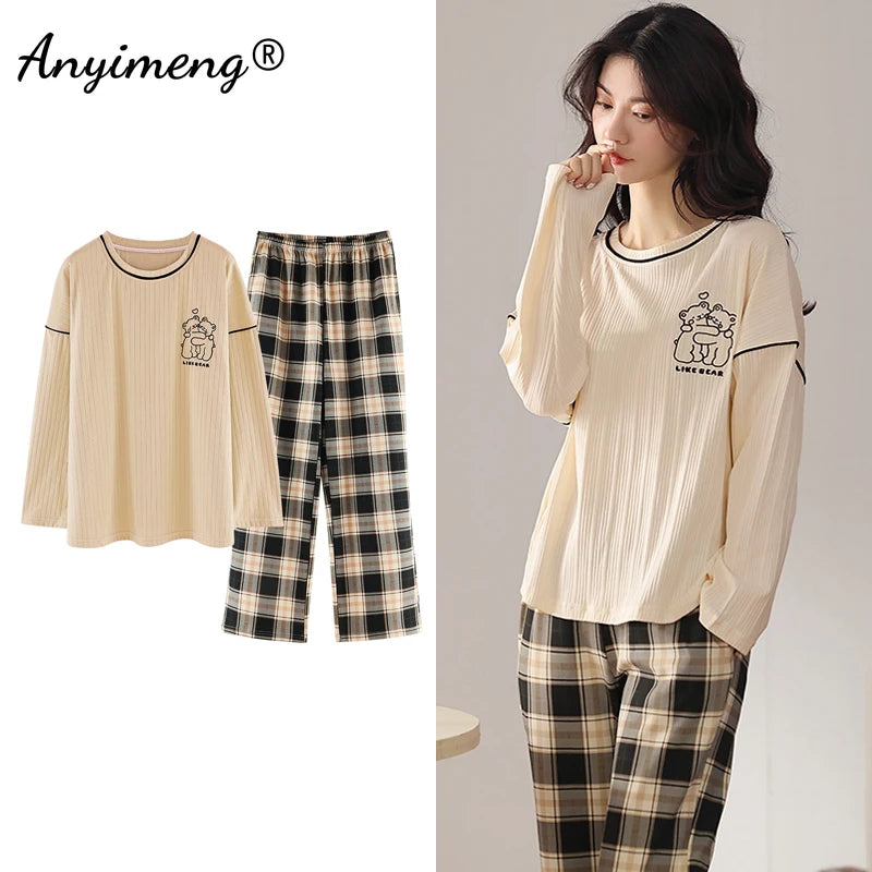 TAMBREET Autumn Winter New Korean Kawaii Pajama Set for Women Pajamas Cotton Long Sleeve Big Pijamas Fashion Sleepwear Plus Size 4xl 5xl