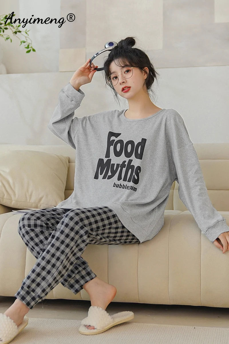 TAMBREET Autumn Winter New Korean Kawaii Pajama Set for Women Pajamas Cotton Long Sleeve Big Pijamas Fashion Sleepwear Plus Size 4xl 5xl