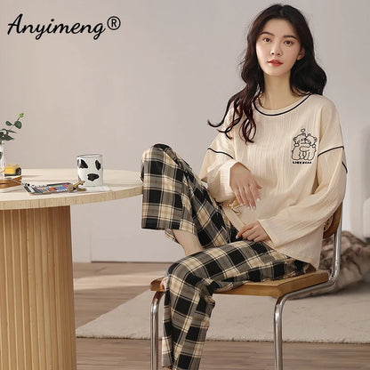 TAMBREET Autumn Winter New Korean Kawaii Pajama Set for Women Pajamas Cotton Long Sleeve Big Pijamas Fashion Sleepwear Plus Size 4xl 5xl