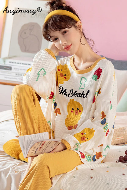 TAMBREET Autumn Winter New Korean Kawaii Pajama Set for Women Pajamas Cotton Long Sleeve Big Pijamas Fashion Sleepwear Plus Size 4xl 5xl