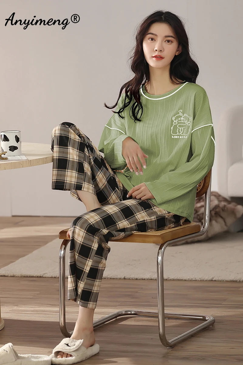 TAMBREET Autumn Winter New Korean Kawaii Pajama Set for Women Pajamas Cotton Long Sleeve Big Pijamas Fashion Sleepwear Plus Size 4xl 5xl