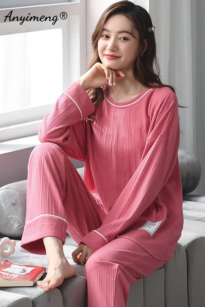 TAMBREET Autumn Winter New Korean Kawaii Pajama Set for Women Pajamas Cotton Long Sleeve Big Pijamas Fashion Sleepwear Plus Size 4xl 5xl