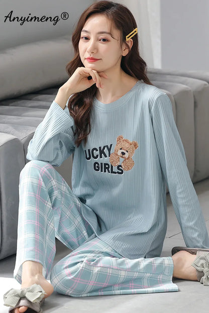 TAMBREET Autumn Winter New Korean Kawaii Pajama Set for Women Pajamas Cotton Long Sleeve Big Pijamas Fashion Sleepwear Plus Size 4xl 5xl