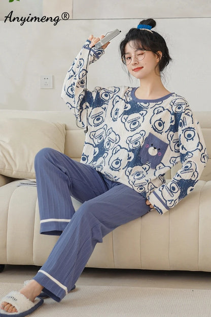 TAMBREET Autumn Winter New Korean Kawaii Pajama Set for Women Pajamas Cotton Long Sleeve Big Pijamas Fashion Sleepwear Plus Size 4xl 5xl