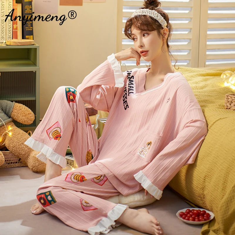 TAMBREET Autumn Winter New Korean Kawaii Pajama Set for Women Pajamas Cotton Long Sleeve Big Pijamas Fashion Sleepwear Plus Size 4xl 5xl