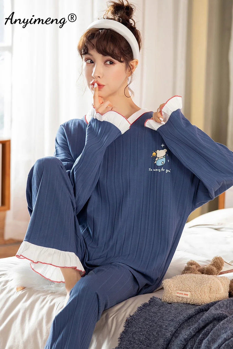 TAMBREET Autumn Winter New Korean Kawaii Pajama Set for Women Pajamas Cotton Long Sleeve Big Pijamas Fashion Sleepwear Plus Size 4xl 5xl