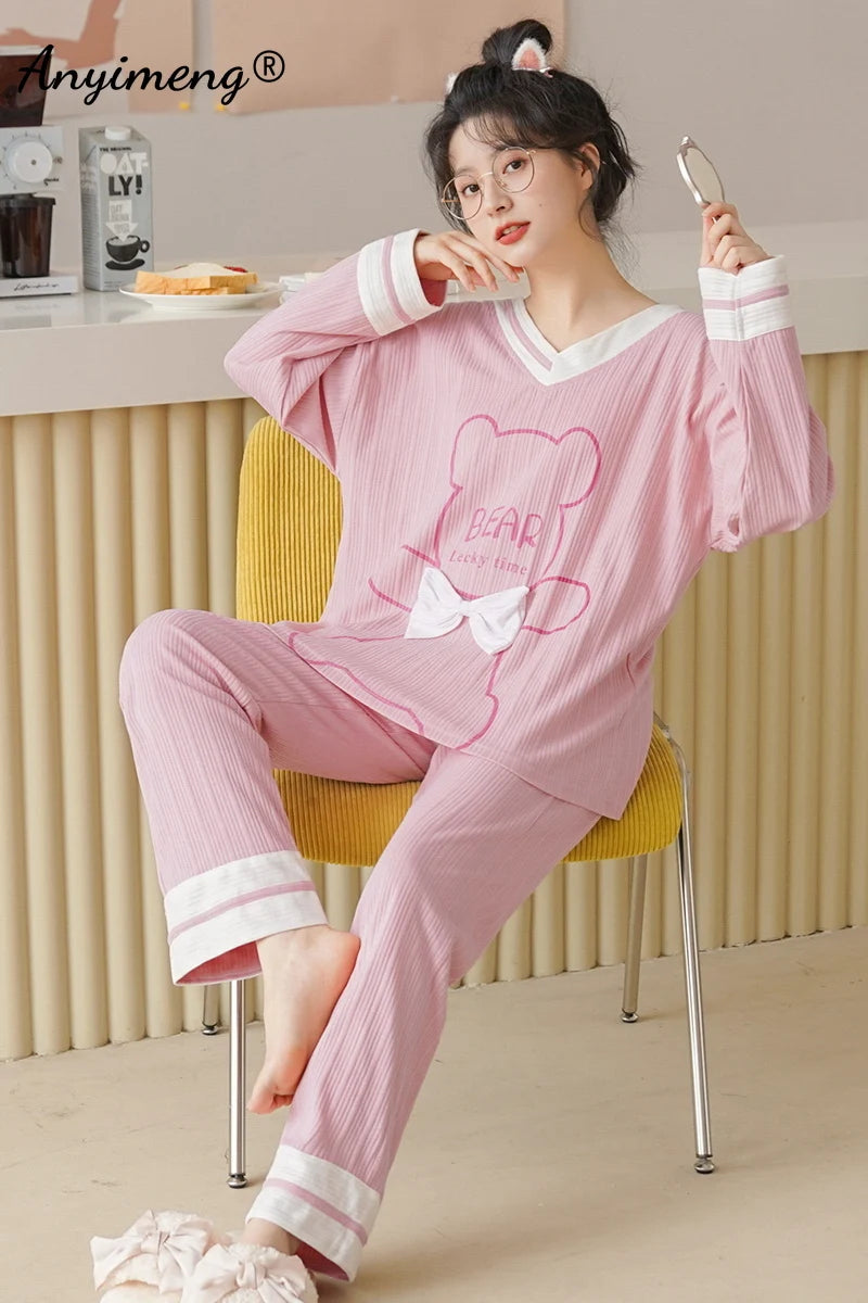 TAMBREET Autumn Winter New Korean Kawaii Pajama Set for Women Pajamas Cotton Long Sleeve Big Pijamas Fashion Sleepwear Plus Size 4xl 5xl